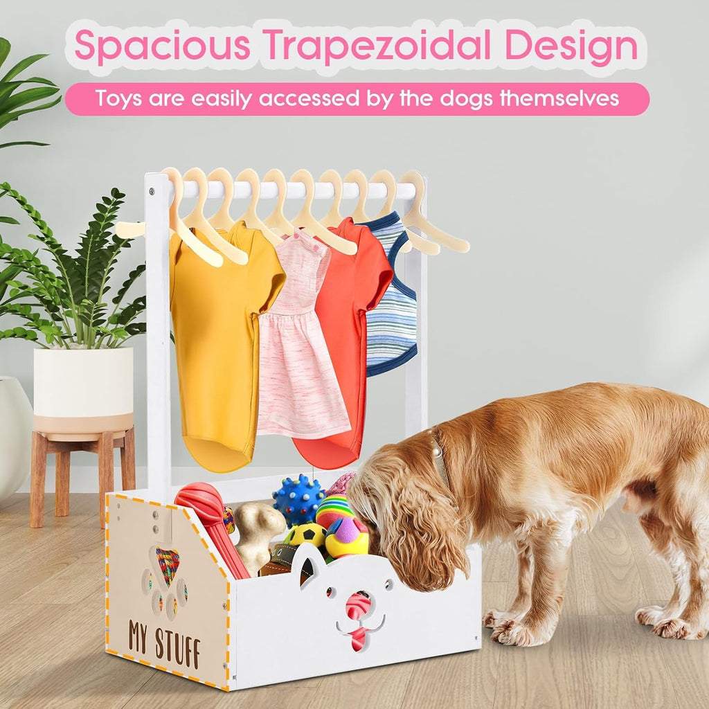 Wooden Storage Organizer with Toy Bin & Clothes Rack for Dogs (Pink/White)