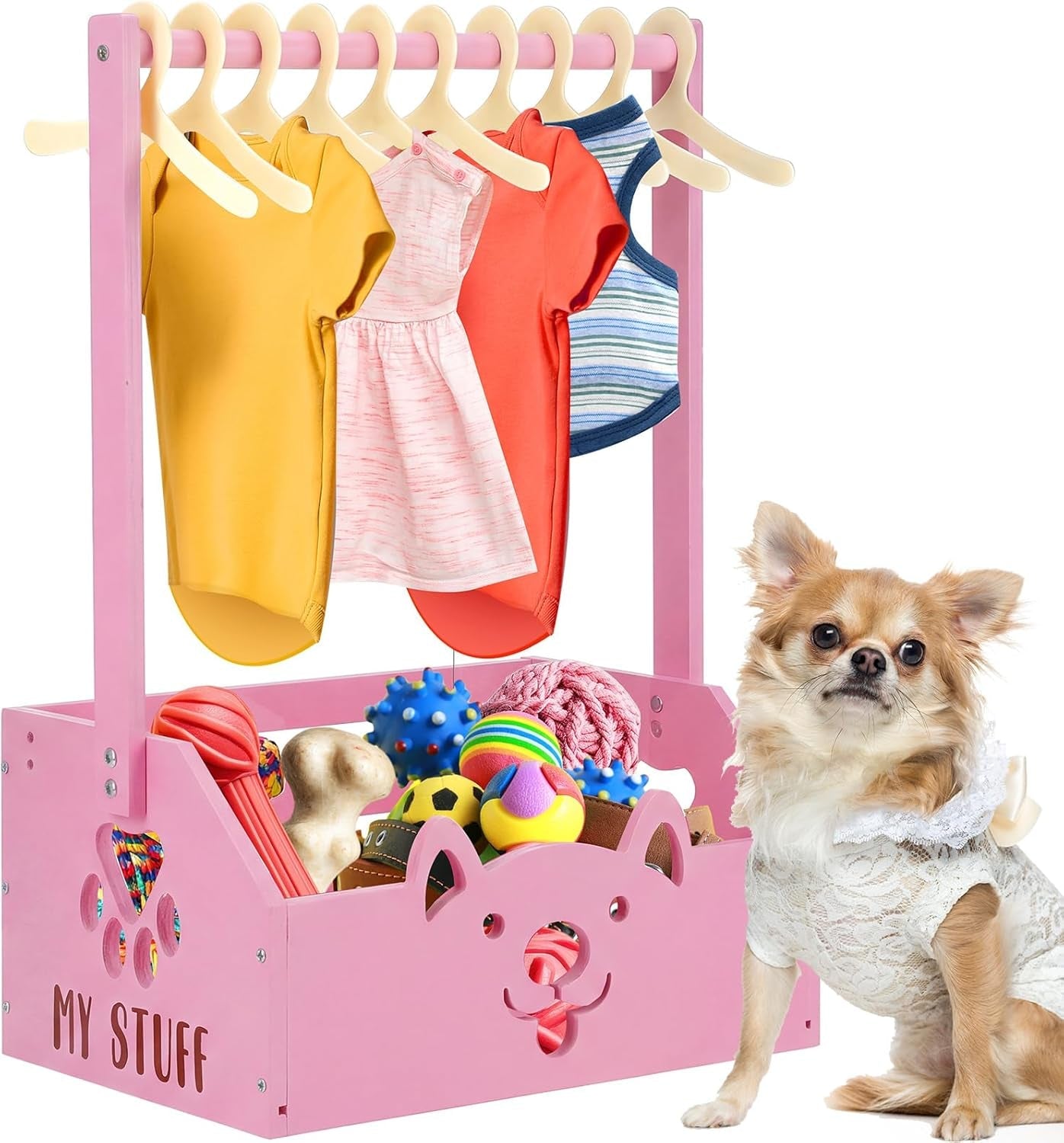 Wooden Storage Organizer with Toy Bin & Clothes Rack for Dogs (Pink/White)