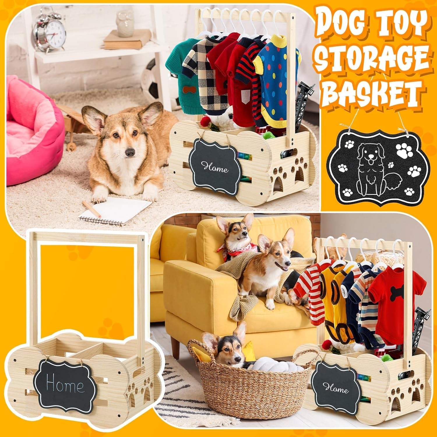 Wooden Storage Organizer with Clothes Rack for Dog Toys and Clothes