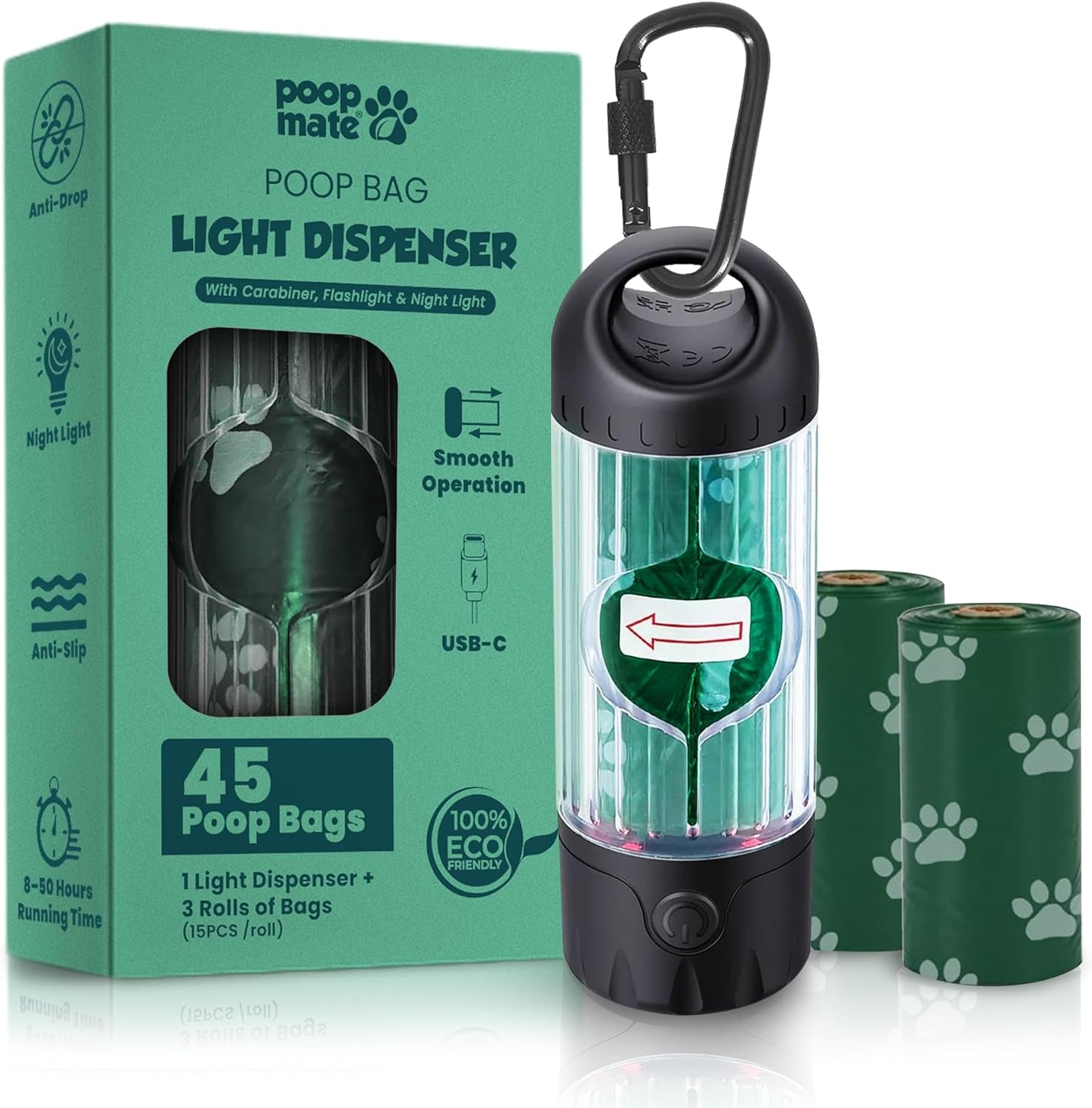 Poop Bag Dispenser with  Rechargeable LED Flashlight/ 45 Bags incl