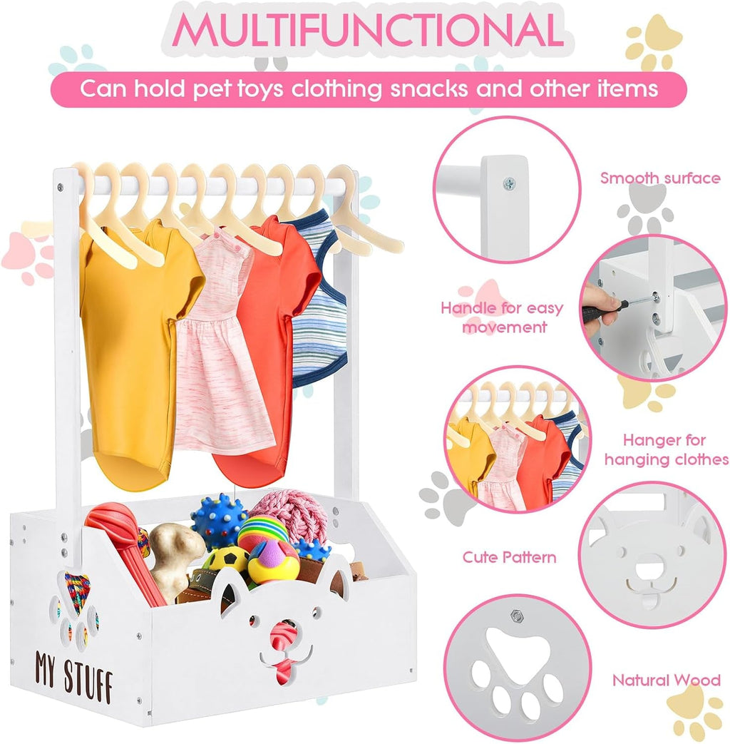 Wooden Storage Organizer with Toy Bin & Clothes Rack for Dogs (Pink/White)