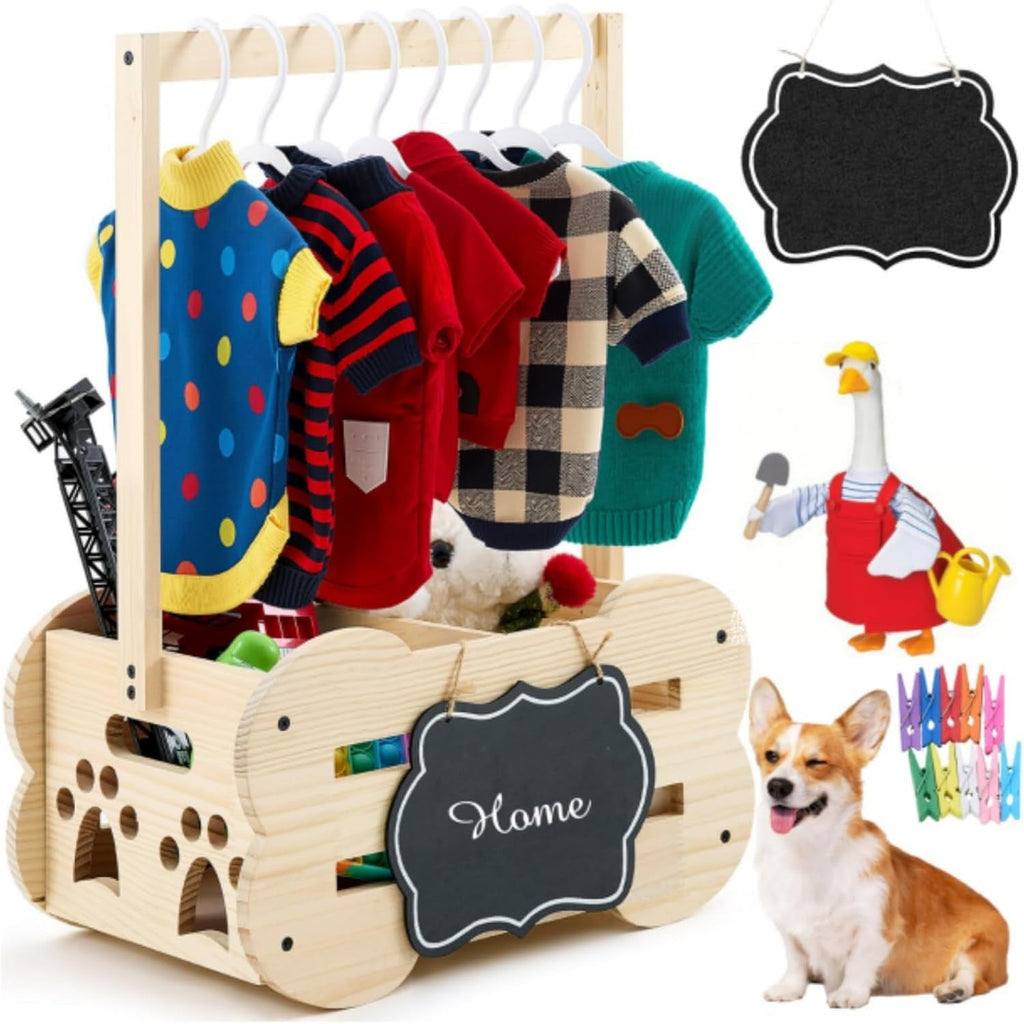 Wooden Storage Organizer with Clothes Rack for Dog Toys and Clothes