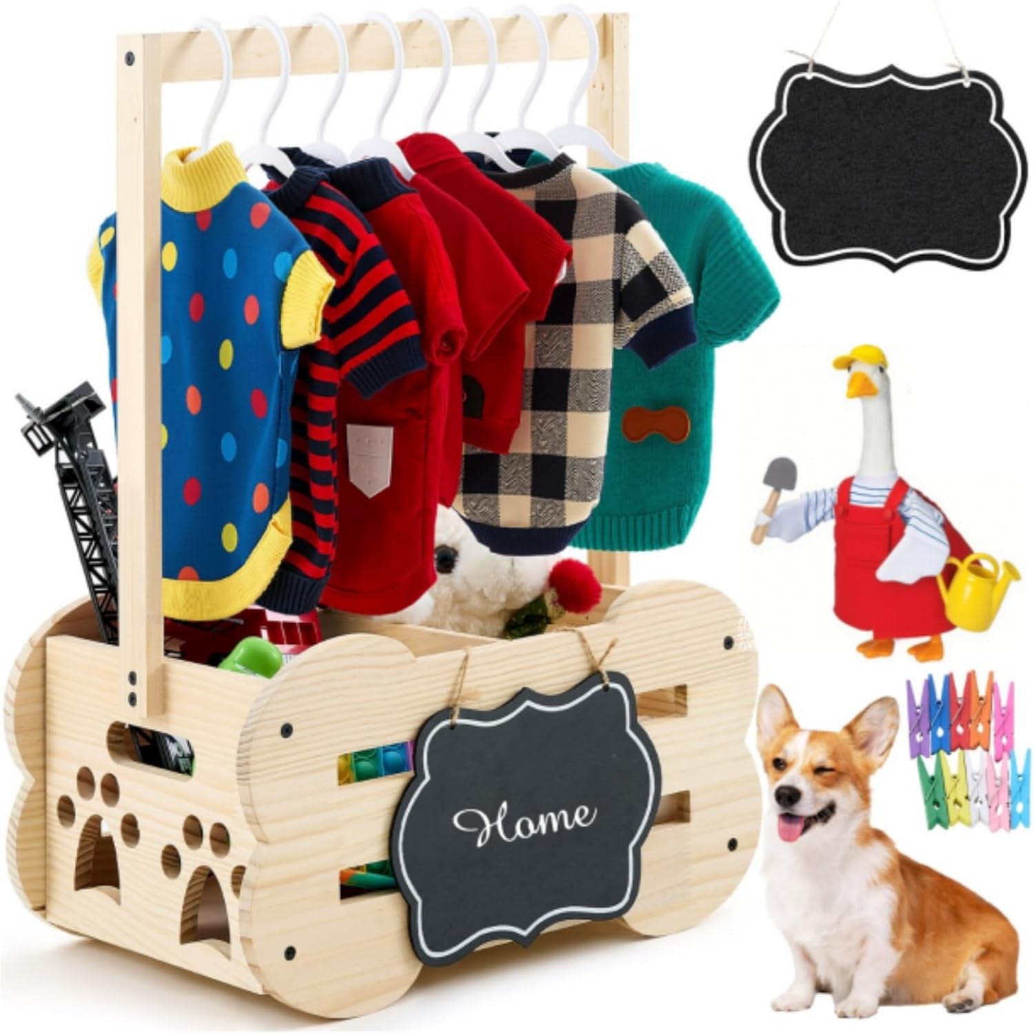 Wooden Storage Organizer with Clothes Rack for Dog Toys and Clothes