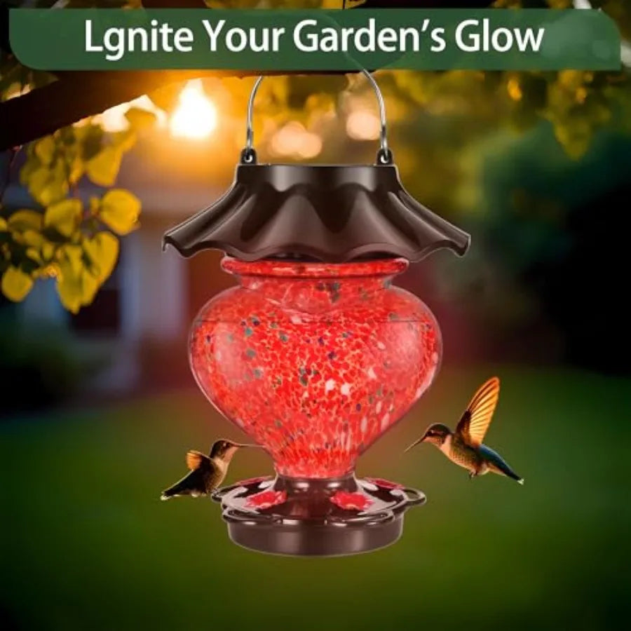 Solar Heart-Shaped Hand-Blown Glass Hummingbird Feeder