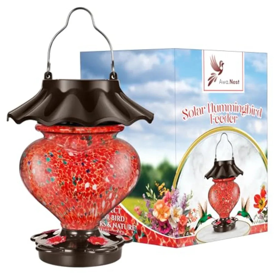 Solar Heart-Shaped Hand-Blown Glass Hummingbird Feeder
