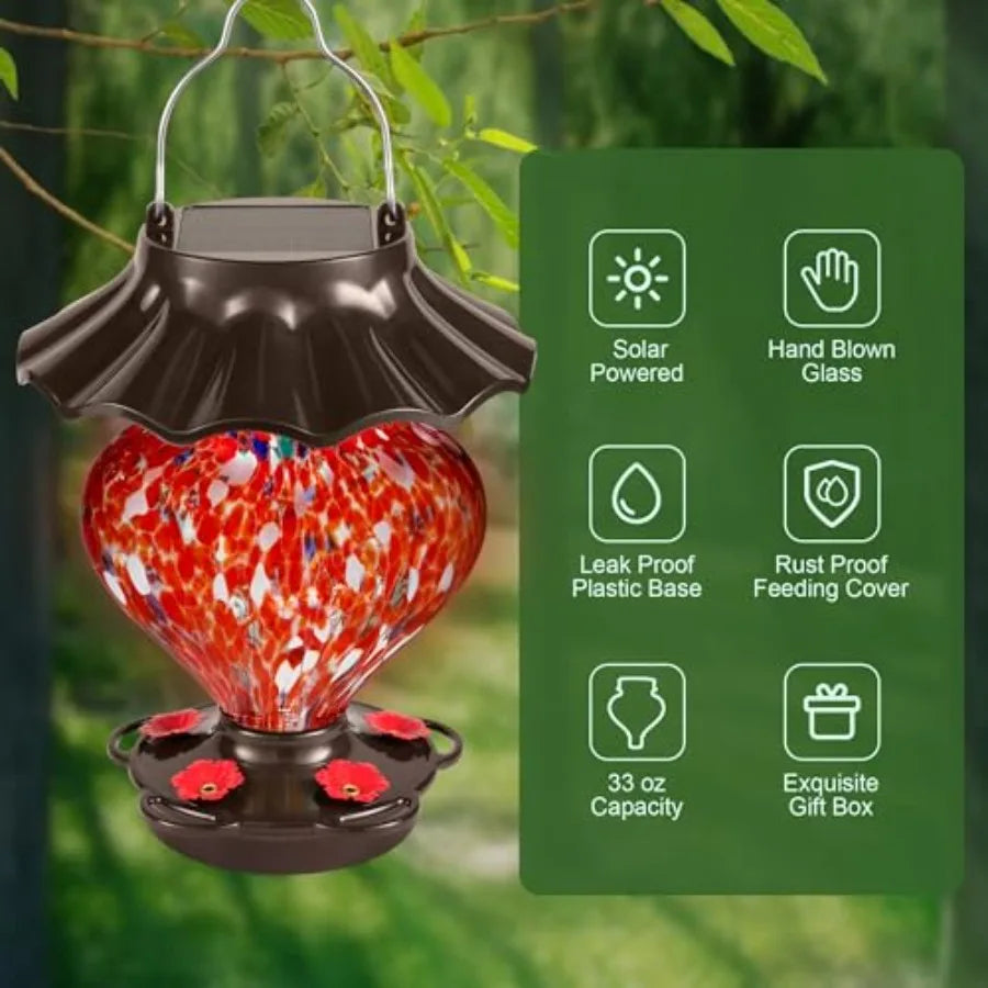Solar Heart-Shaped Hand-Blown Glass Hummingbird Feeder