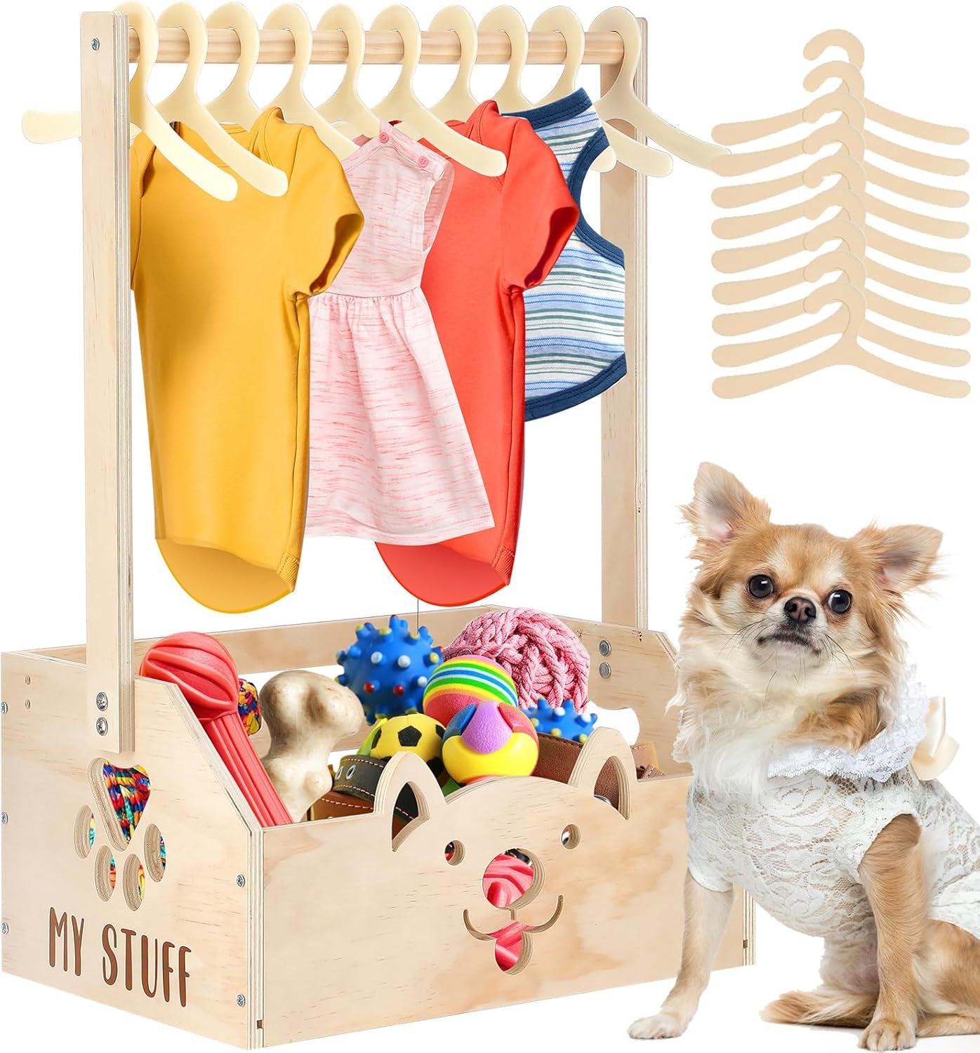 Wooden Storage Organizer with Toy Bin & Clothes Rack for Dogs (Pink/White)