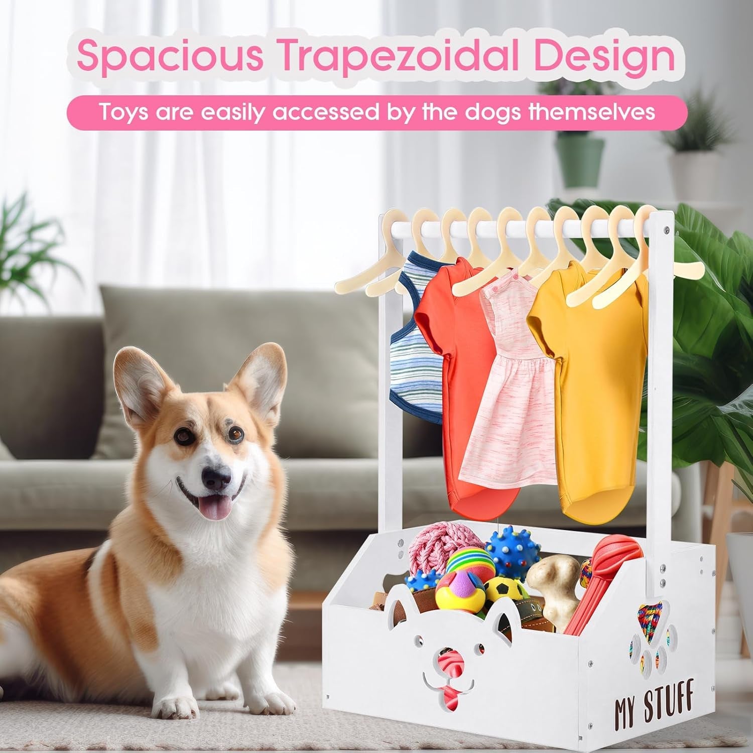 Wooden Storage Organizer with Toy Bin & Clothes Rack for Dogs (Pink/White)