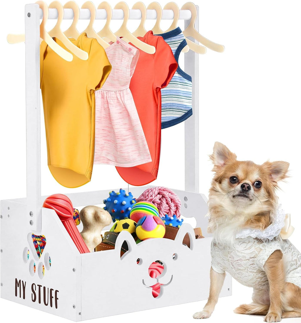 Wooden Storage Organizer with Toy Bin & Clothes Rack for Dogs (Pink/White)