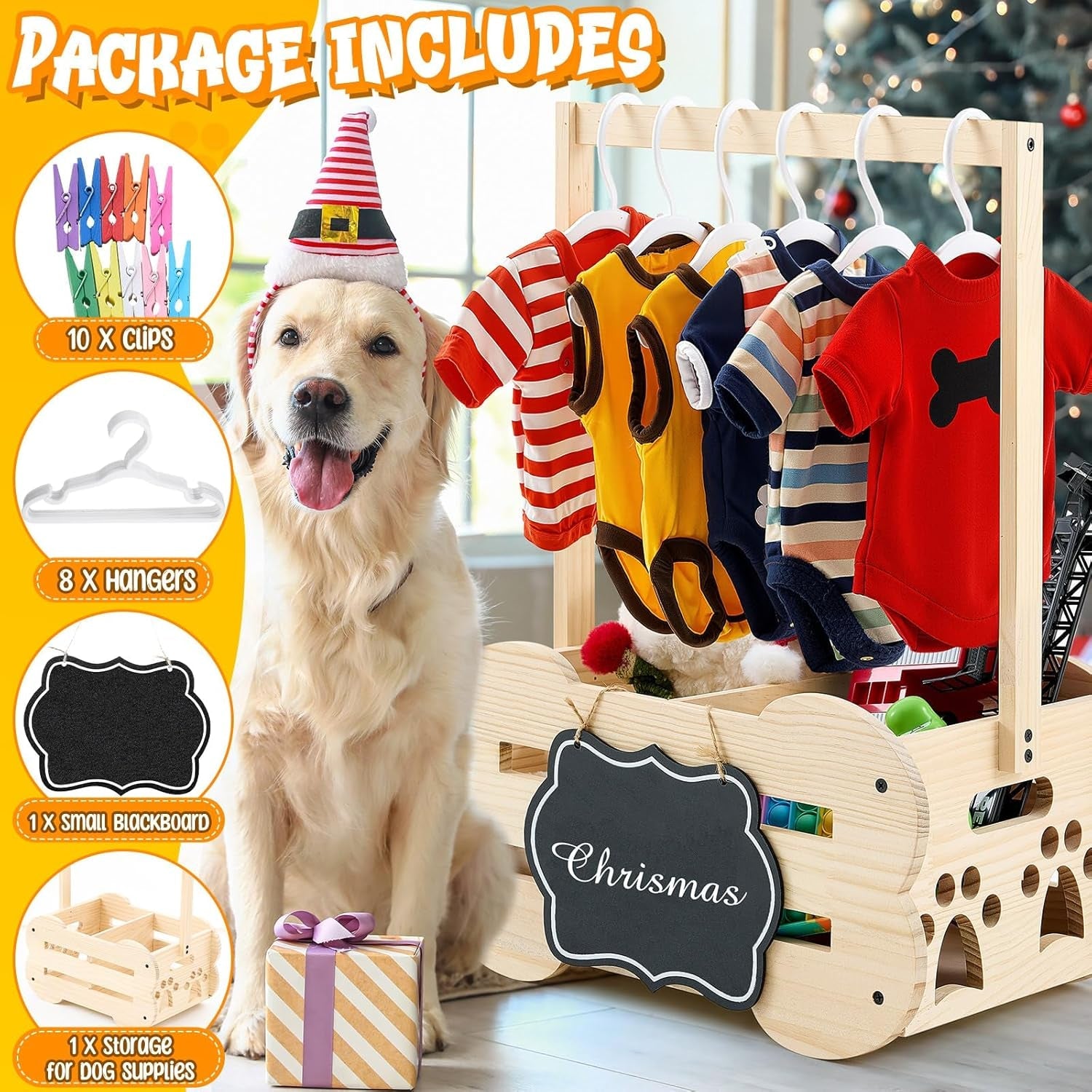 Wooden Storage Organizer with Clothes Rack for Dog Toys and Clothes