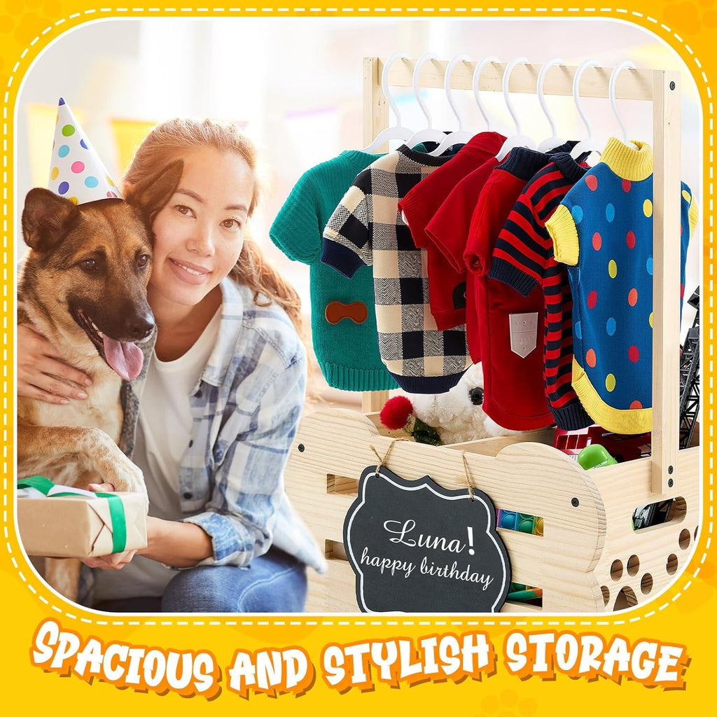 Wooden Storage Organizer with Clothes Rack for Dog Toys and Clothes
