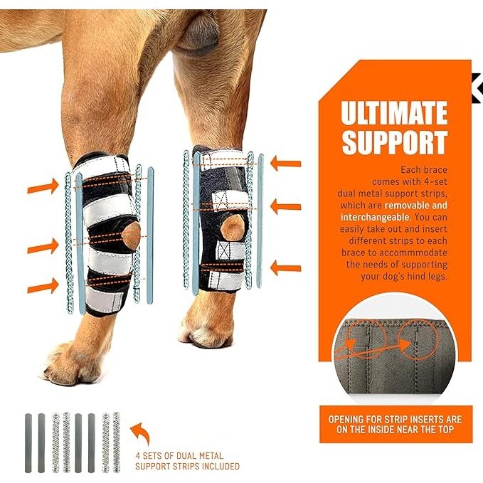 3-in-1 Dog Leg Brace - Rigid and Spring Inserts | Safety Reflective Straps [Long Version] (Pair)