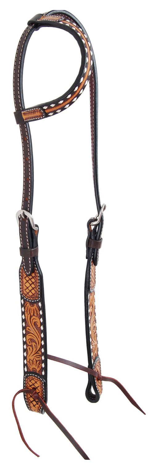 Rafter T Tooled Sunflower with Buckstitch One Ear Headstall for Horses